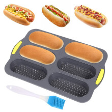 4X Patelnia Silikonowa, Patelnia do Bułek do Hot Dogów z Pędzelkiem do Oleju, 6-Otworowa Nieprzywierająca Forma do Pieczenia Francuskiego Chleba,