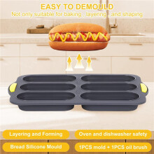 4X Silikon-Backform, Hot-Dog-Brötchen-Backform mit Ölpinsel, Antihaftbeschichtete Baguette-Backform mit 6 Rillen, Baguette-Backform für Hot Dogs