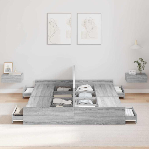 VidaXL vidaXL Storage Bed Frame Grey Sonoma 135 x 190 cm Engineered Wood 2