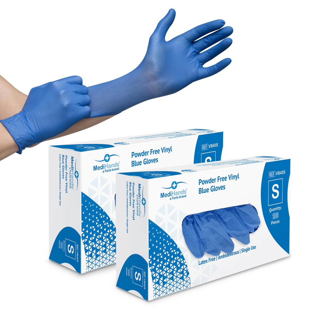 Farla Medihands Blue Small Vinyl Gloves - Box Of 200 Disposable Vinyl Medical Glove - Powder, Latex, & Protein Free Glove - Multi-Purpose, Single Use 5007444738112