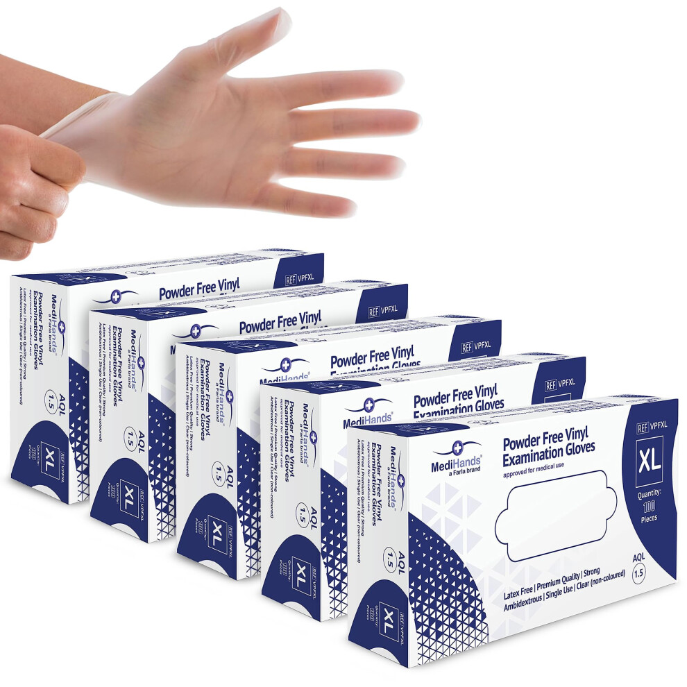 Farla Medihands Clear Extra Large Vinyl Examination Gloves - Box Of 500 Disposable, Powder-Free, Latex-Free, Protein-Free Medical Gloves - Multi-Purp 5001259363781
