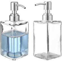 2 Pack Soap Liquid Dispenser Bottles 450ml Clear Glass Jar Square Bottle with Stainless Steel Pump Soap Dispenser