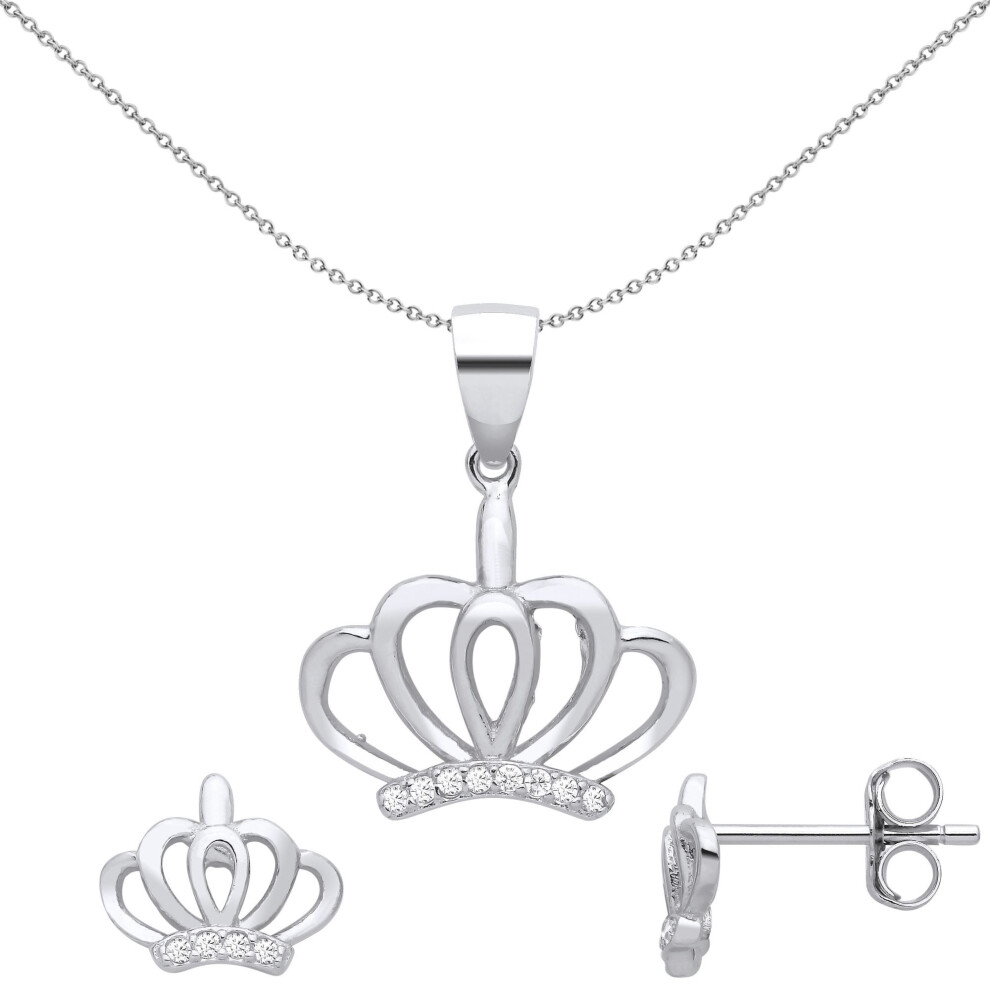 Jewelco London Ladies Rhodium Plated Sterling Silver Cz Royal Majestic King Queen Crown Earrings Necklace Set - Gset674