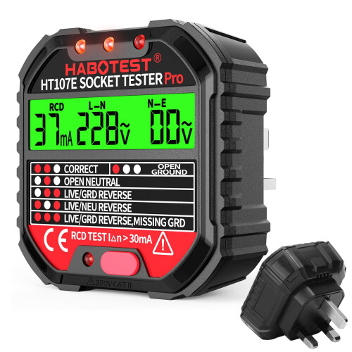 Socket Tester RCD Plug Outlet Tester, Electrical Receptacle Detector with LCD Display, 90-250V Power Socket Automatic Electric Circuit Polarity Volta