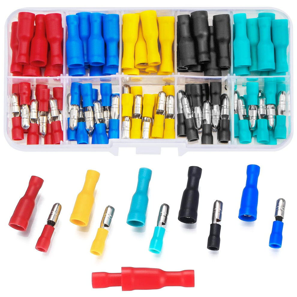 Vwoqiy 100Pcs Electrical Connectors, Insulated Male And Female Bullet Wire Connectors, Quick Splice Butt Electrical Crimps Terminals Connectors, Wire 5009477306320