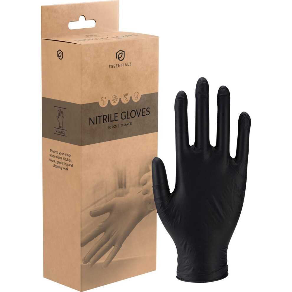 Essentialz Black Nitrile Disposable Gloves, Xlarge, Pack Of 50, Latex-Free, Powder-Free, Food Safe, Ce Certified, Extra Soft & Elastic For Cleaning, 5004021435372