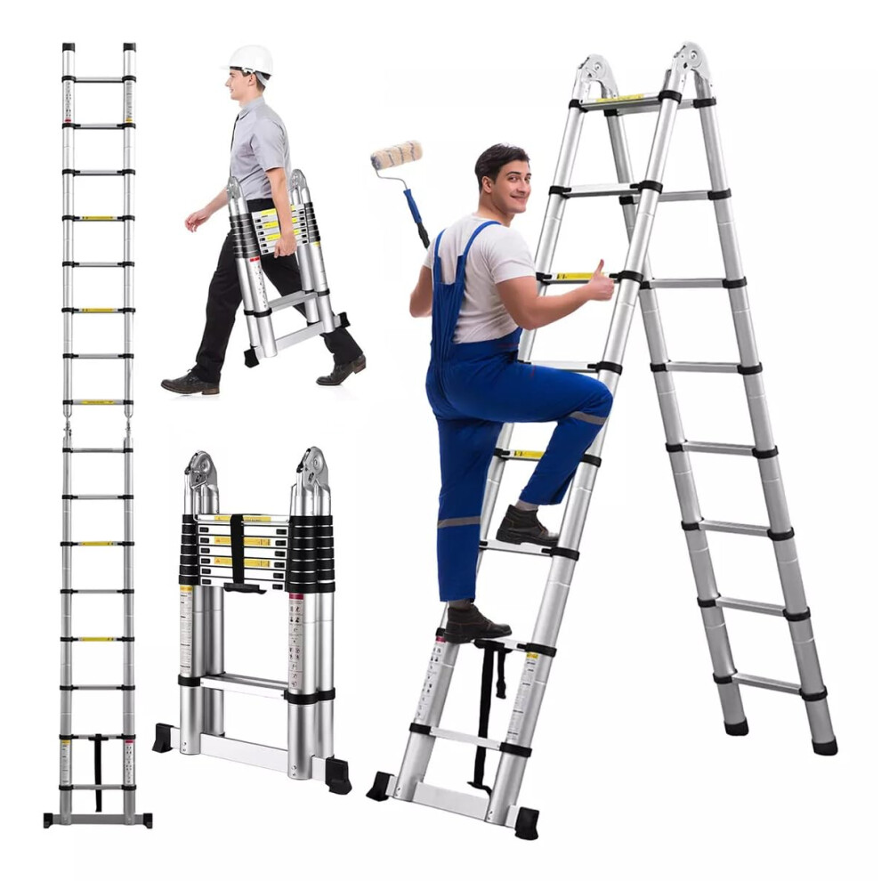 5M Ladders Telescoping Ladder 16.5 Ft Dual Purpose Metal Telescopic Ladder With Stabilizer Compact Step Climb Ladder 330Lb Load Capacity(2.5M+2.5M) 5009763117333
