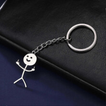 (Gold, Keychain -1) Fishhook Funny Fuxk You Middle Finger Stickman Keychain School Bag Car Key Ring Trinket Gift Man Woman Stainless Steel Jewelry