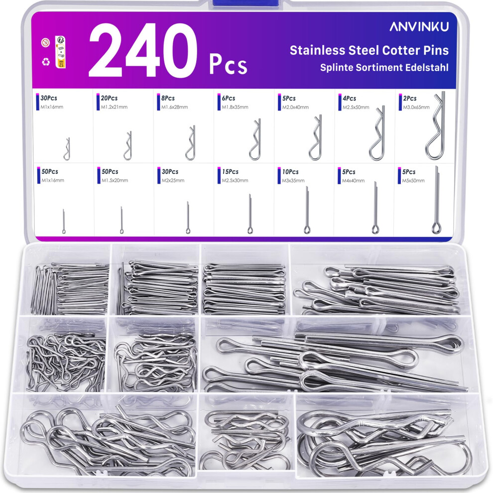 Anvinku 240Pcs Cotter Pins Assorted, 304 Stainless Steel Split Pins & R Clips Assortment Kit, 14 Sizes Split Pin Assorted For Automotive, Mechanics, 5005914870300