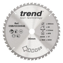 Trend Wood Mitre Saw Blade, 305mm Diameter, 30mm Bore, 48 Teeth, 3mm Kerf, -5 Hook, TCT, Medium Finish, CSB/CC30548