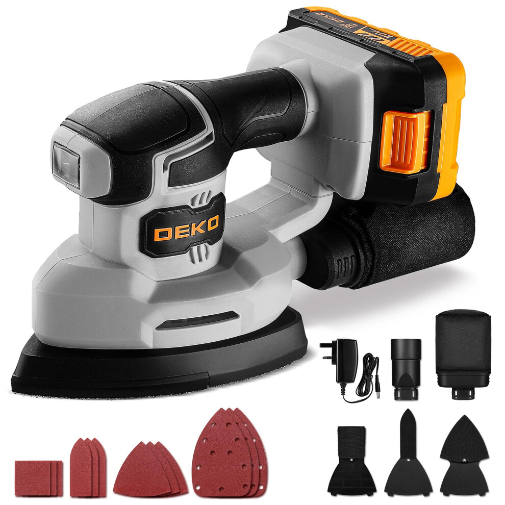 Cordless Mouse Sander For Wood: Dekopro 20V Detail Sander With Dust Collector And 2.0Ah Battery 13000 Rpm, 3 Additional Attachments 12Pcs Sandpapers 5007999928419