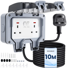SURAIELEC Double Outdoor Socket with 10m Extension Lead, 13Amp 2 Gang Premium Weatherproof IP66 Outside Plug Sockets