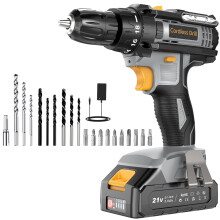 LEEIKOO Cordless Drill, 21V Electric Drill 42N.m with 2.0Ah Battery, Combi Set 10mm Chuck, 2 Speeds, 18+1 Torque, LED Light, 20pcs Drill Set for