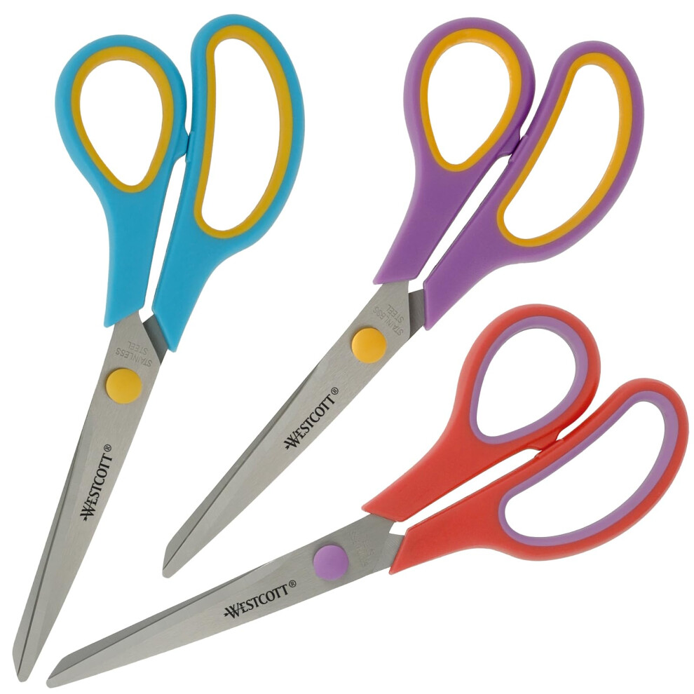 Westcott Easy Grip Scissors 3-Piece Set | Universal Scissors With Comfort Grip | Extra Sharp & Durable Stainless Steel Blade | Set Of 3 In Red, Turqu 5005080969433
