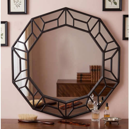 Decagonal Wall Mirror Black Plastic Framed 61x57Cm