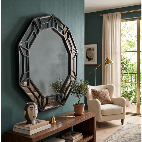 Decagonal Wall Mirror Black Plastic Framed 61x57Cm 1