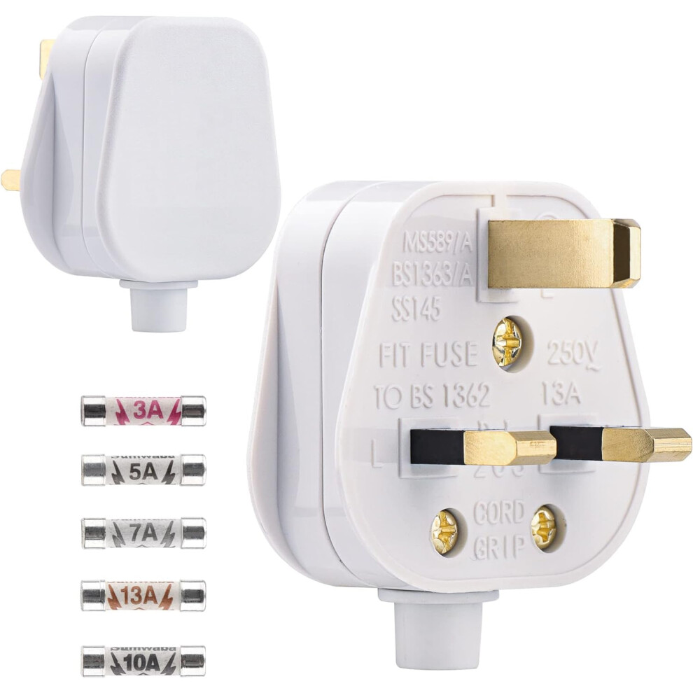 2 Pack 3 Pin Plug Uk 13 Amp Plugs Fused Mains Plugs White Plug With 3A 5A 7A 10A 13A Domestic Fuses Kit 5001019010979