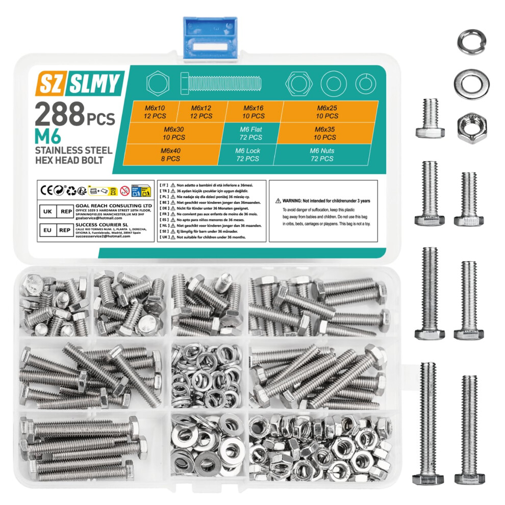 288 Pcs M6 Bolts And Nuts Set, Flat Hex,Metric Assorted Nuts And Assortment, Outer Hexagon Screws And Flat Washers & Lock Washers, Bike Bolts 5001524364307