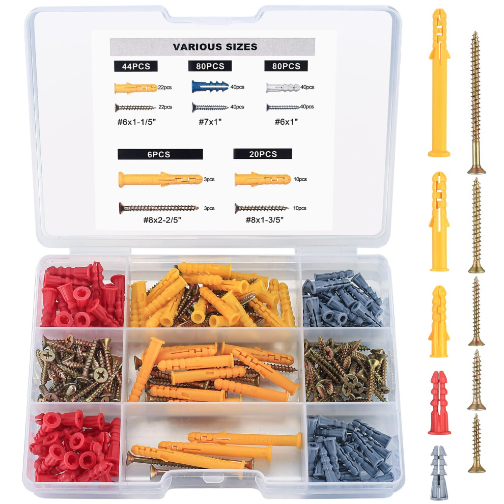 230Pcs Screws And Wall Plugs Set, Wall Plugs And Screws Set, Raw Plug And Screw Set, Assorted Brickwall Fixings Concrete Masonry Screw And Plug For W 5001055215208