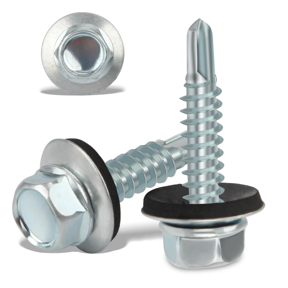 170Pcs Roofing Screws With Rubber Washers 5.5X25mm Hex Head Self Tapping Screws Tech Screw For Metal Zinc Plated Corrugated Roofing Cladding Steel Sc 5000652551054