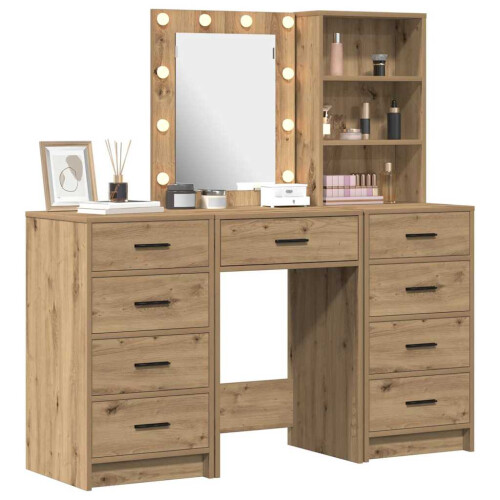 VidaXL vidaXL Dressing Table with Mirror Lights 3 pcs Brown Engineered wood 2