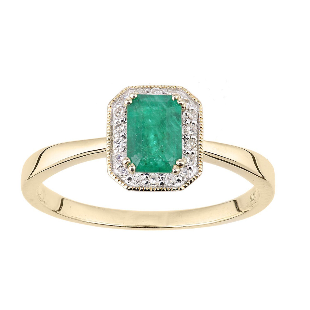 Jewelco London (O) 9Ct Yellow Gold Round 8Pts Diamond Octagon 0.6Ct Emerald Octagon Mill Grain Halo Cluster Ring - Dr1axl619yem
