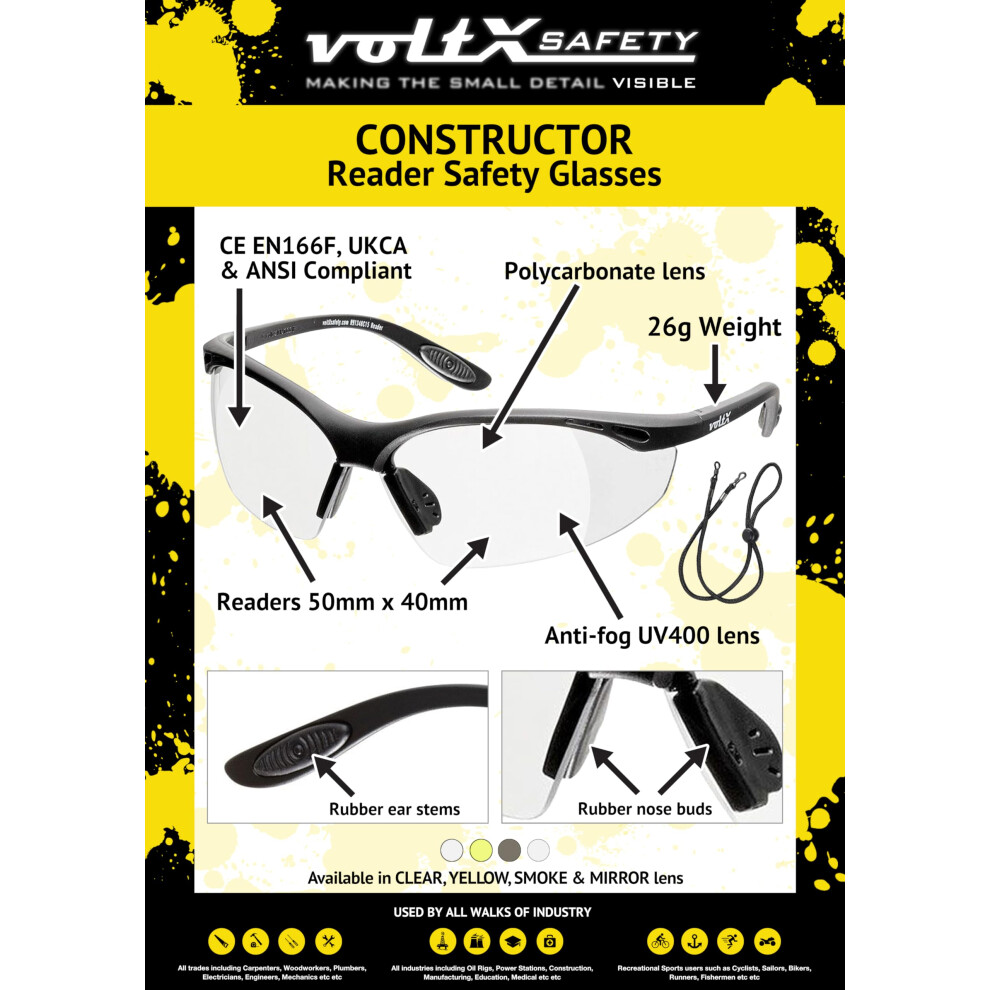 Voltx 'Constructor' Safety Readers (Clear +1.0 Dioptre) Full Lens Reading Safety Glasses Ukca & Ce En166f Certified - Wraparound Style - Includes Saf 5001498541841