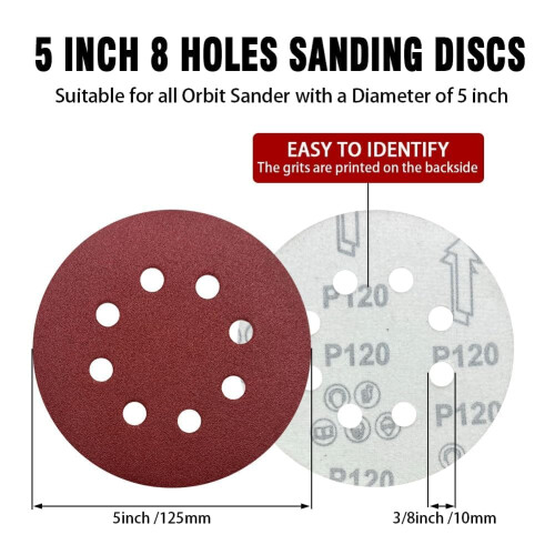 100PCS 125mm Sanding Discs 5 Inch 8 Hole Hook and Loop Sandpaper Discs 1