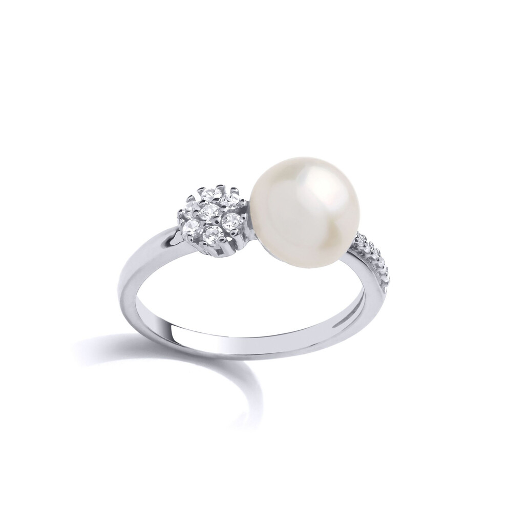 Jewelco London (M) Sterling Silver Cubic Zirconia & Freshwater Cultured Pearl Full Moon Cluster Dress Ring 9Mm - Gvr876