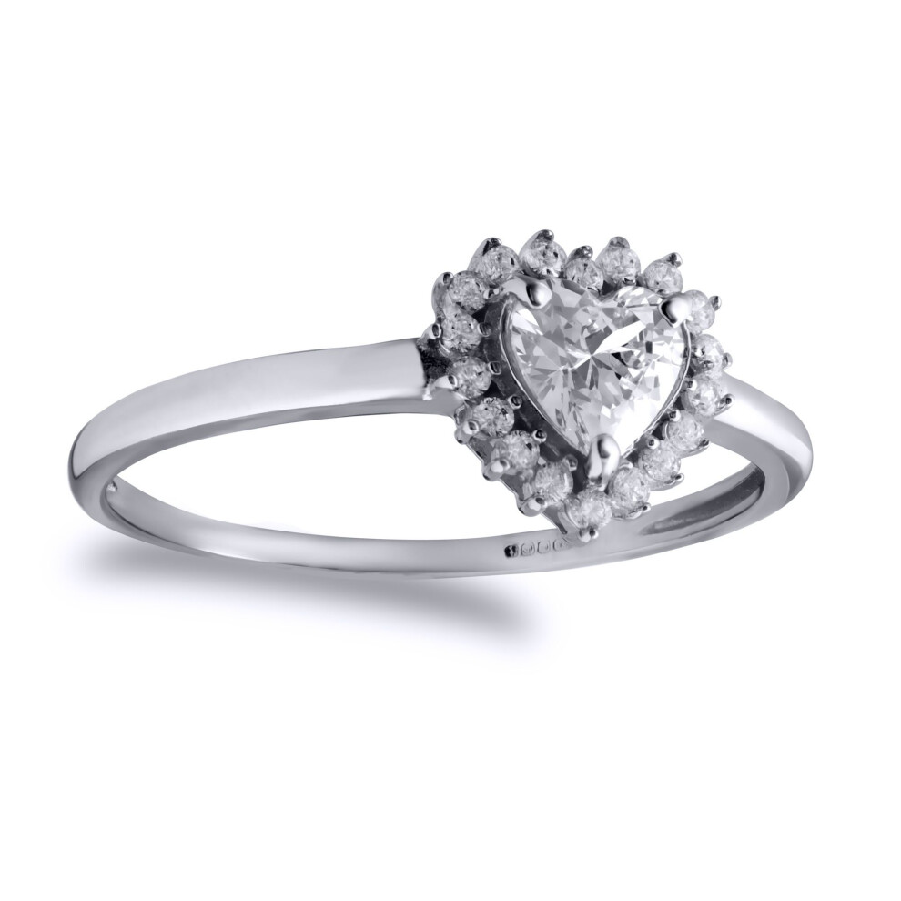 Jewelco London (N) Ladies Solid 9Ct White Gold White Heart Cubic Zirconia Love Heart Halo Cluster Ring 5Mm 0.50Cts - Jrn518