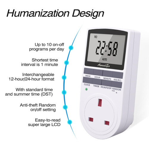 Awootsv Digital Timer Plug Socket with LCD Display 24 HoursWeekly Indo