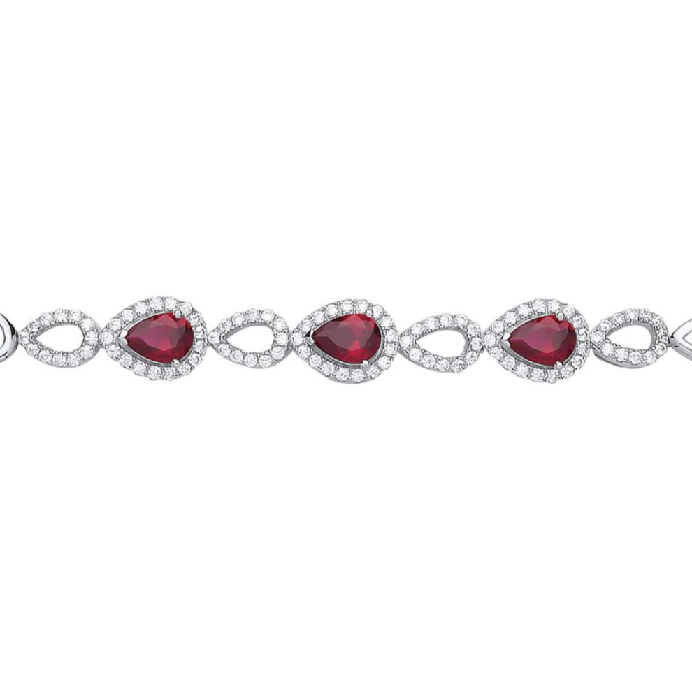 Jewelco London Ladies Sterling Ruby-Red Pear Cubic Zirconia Halo Cluster Tennis Bracelet 8Mm - Gvb449 Silver