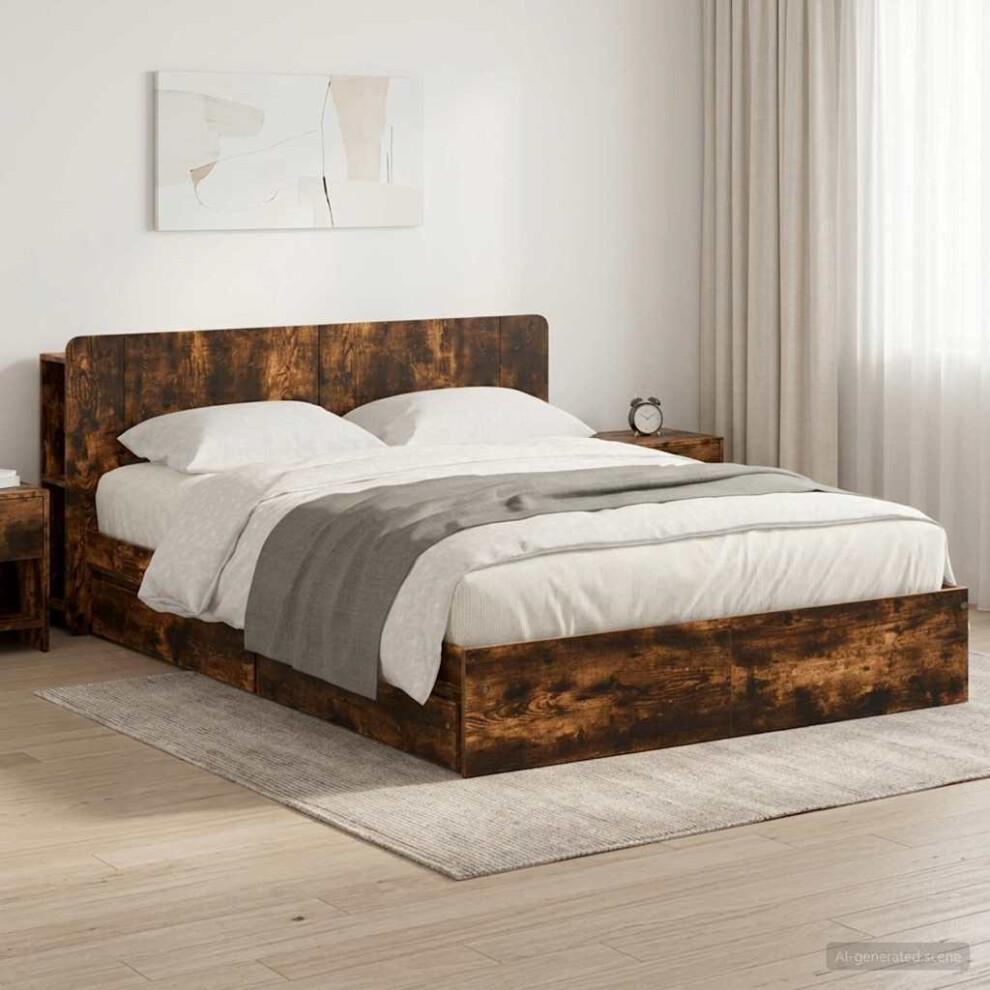 Vidaxl Bed Frame With Storage Smoked Oak 135 X 190 Cm Engineered Wood
