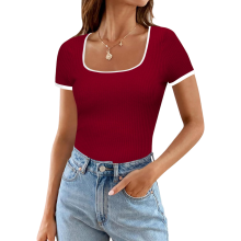 Damenbluse mit quadratischem Ausschnitt figurbetont Kurzarm Rot XL — rote damen bluse, bluse slim fit xl, quadratischer ausschnitt