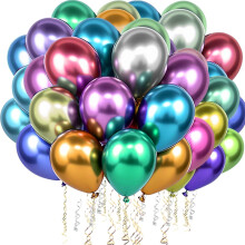 Set of 60 Colorful Latex Balloons with 3 Rolls of Decorative Ribbons — latex balloon set, 12 inch balloons 60 pack, metallic balloons