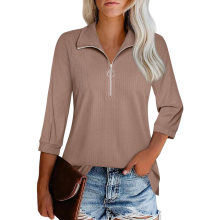 Damen-Pulloverbluse mit Golf-Ausschnitt und Reißverschluss, Ärmel 3/4, elegant, stilvoll, braun, XXL — braune rollkragen bluza damen