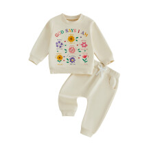 (2-3 Years, Beige) Toddler Girl Fall Outfit Letter Floral Print Long Sleeve Pullover Sweatshirt and Elastic Solid Pants 2-Piece Set