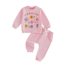 (4-5 Years, Pink) Toddler Girl Fall Outfit Letter Floral Print Long Sleeve Pullover Sweatshirt and Elastic Solid Pants 2-Piece Set