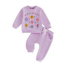 (18-24 Months, Purple) Toddler Girl Fall Outfit Letter Floral Print Long Sleeve Pullover Sweatshirt and Elastic Solid Pants 2-Piece Set