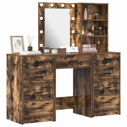 VidaXL vidaXL Dressing Table with Mirror Lights 3 pcs Brown Engineered wood 2
