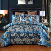 (Blue, Twin) 3pcs, European Style Satin Jacquard Quilt Cover Three-Piece Set, One Quilt Cover And a Pair of Pillowcases,