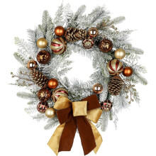 Couronne de Noël 60cm Lot de 2 Décorations de Porte Festives avec Pommes de Pin Boules et Rubans Design Rouge Or et