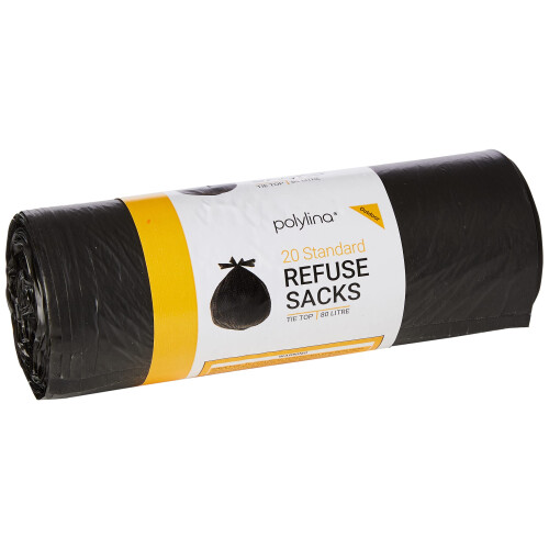 Polylina 20 Tie Top Refuse Sacks Bin Bags, Recycled Plastic, Black,