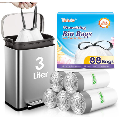 Teivio 3 Liter Small Bin Liners with Tie Tap, 88 Counts Strong