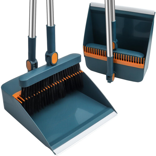 HPCORA Long Dustpan and Brush Set, Windproof Vertical Extension Pole