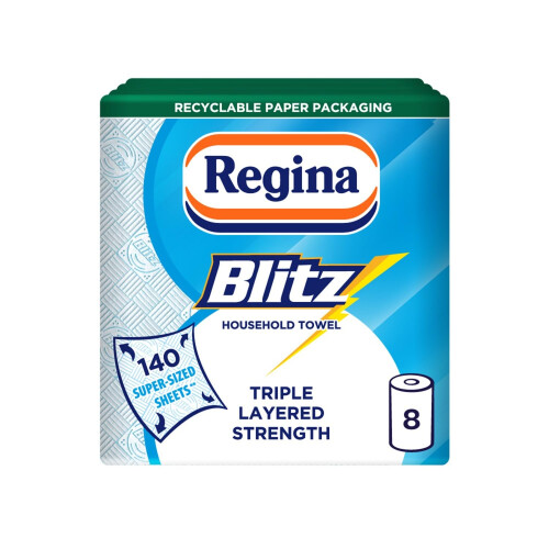 Regina Regina Blitz Household Towels – 8 Triple Layered Rolls, 70 Sheets Per