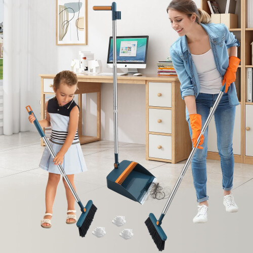 HPCORA Long Dustpan and Brush Set, Windproof Vertical Extension Pole 1