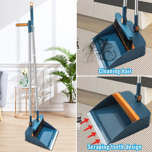 HPCORA Long Dustpan and Brush Set, Windproof Vertical Extension Pole 2
