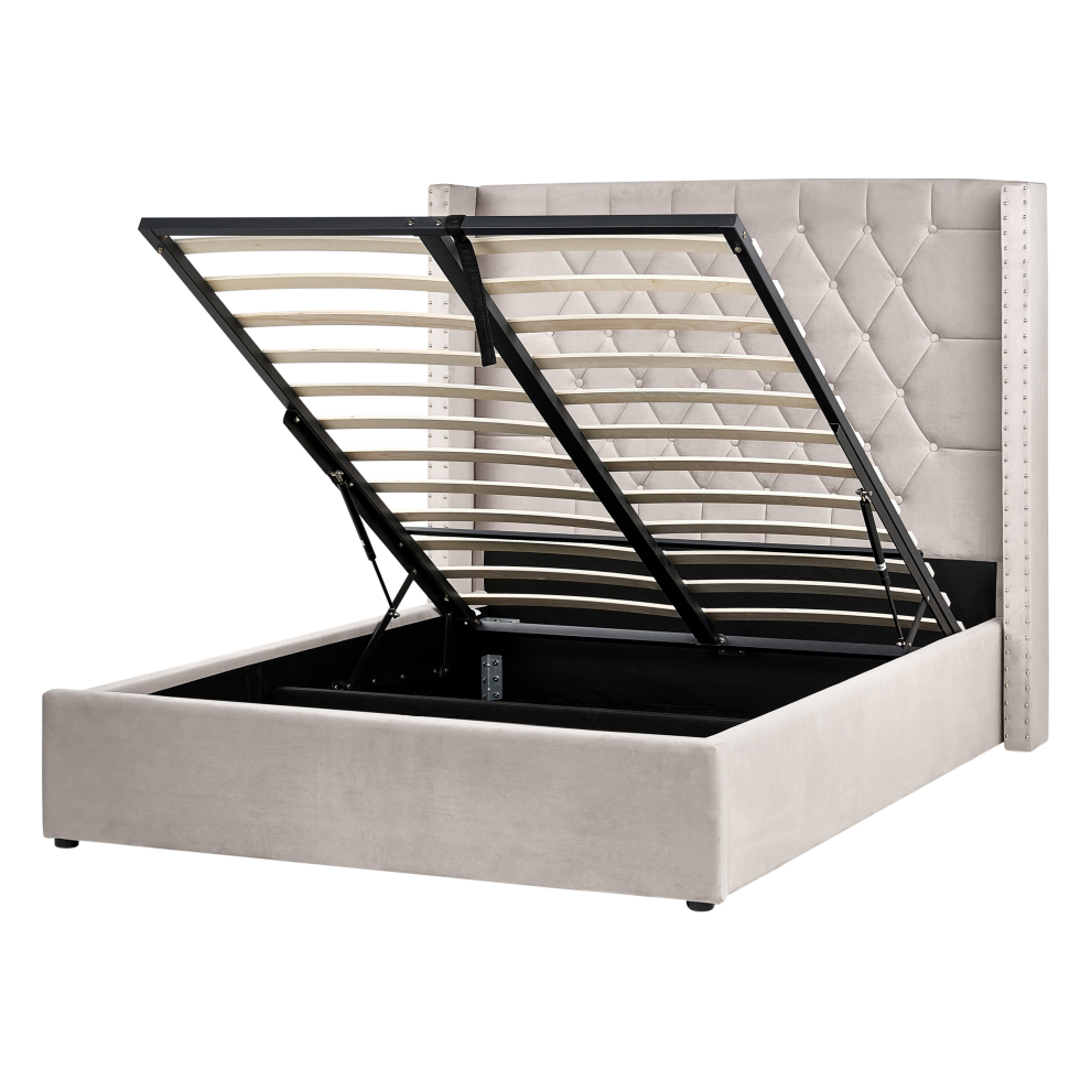 Beliani Ottoman Bed Lubbon Velvet Taupe 140 X 200 Cm (Eu Double)