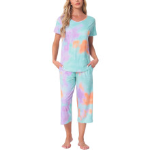 Cheibear Pijama de Mujer Conjunto Camiseta Manga Corta Pantalones Colorido L — conjunto loungewear, pijama tie dye